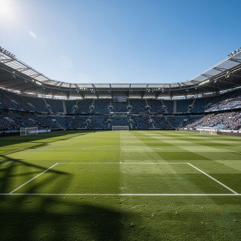 Wide view of empty soccer stadium with green grass and clear sky.