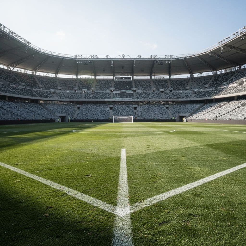 A bright, sunny soccer field with white markings lies in the center of an empty stadium.