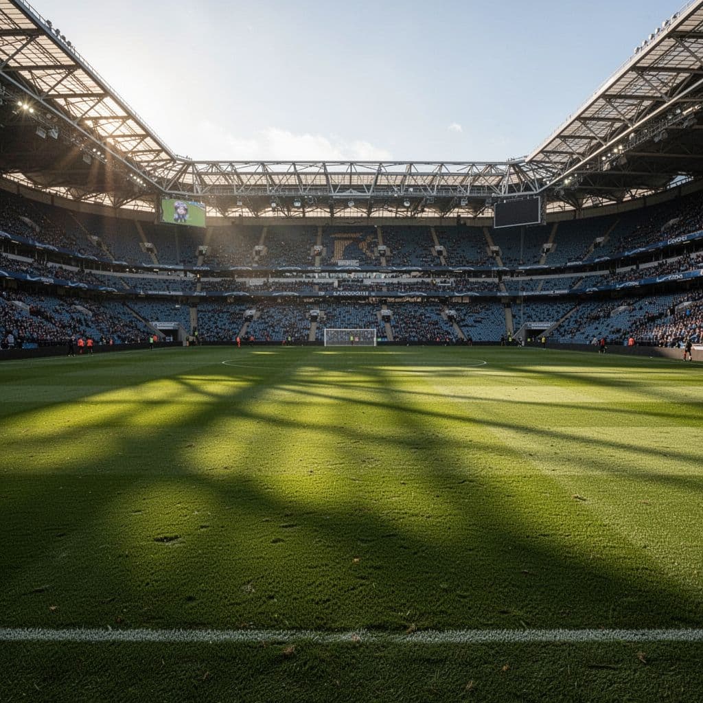The expansive green grass of the Santiago Bernabéu stadium sits beneath towering empty spectator stands during sunset.
