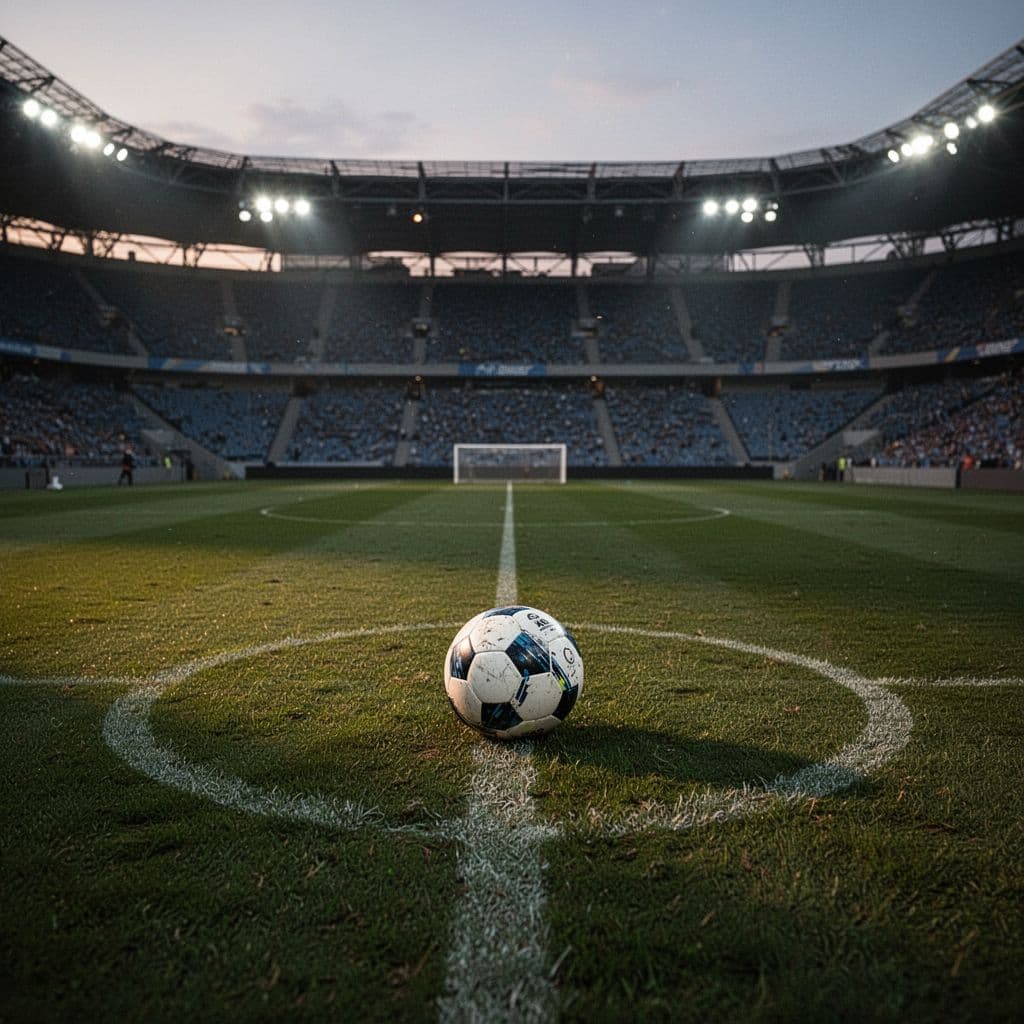 High-angle view of empty stadium soccer field at dusk with lights on and ball in center circle.
