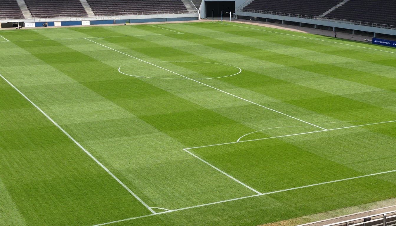 An empty professional soccer field midfield area marked with white lines under bright daylight.