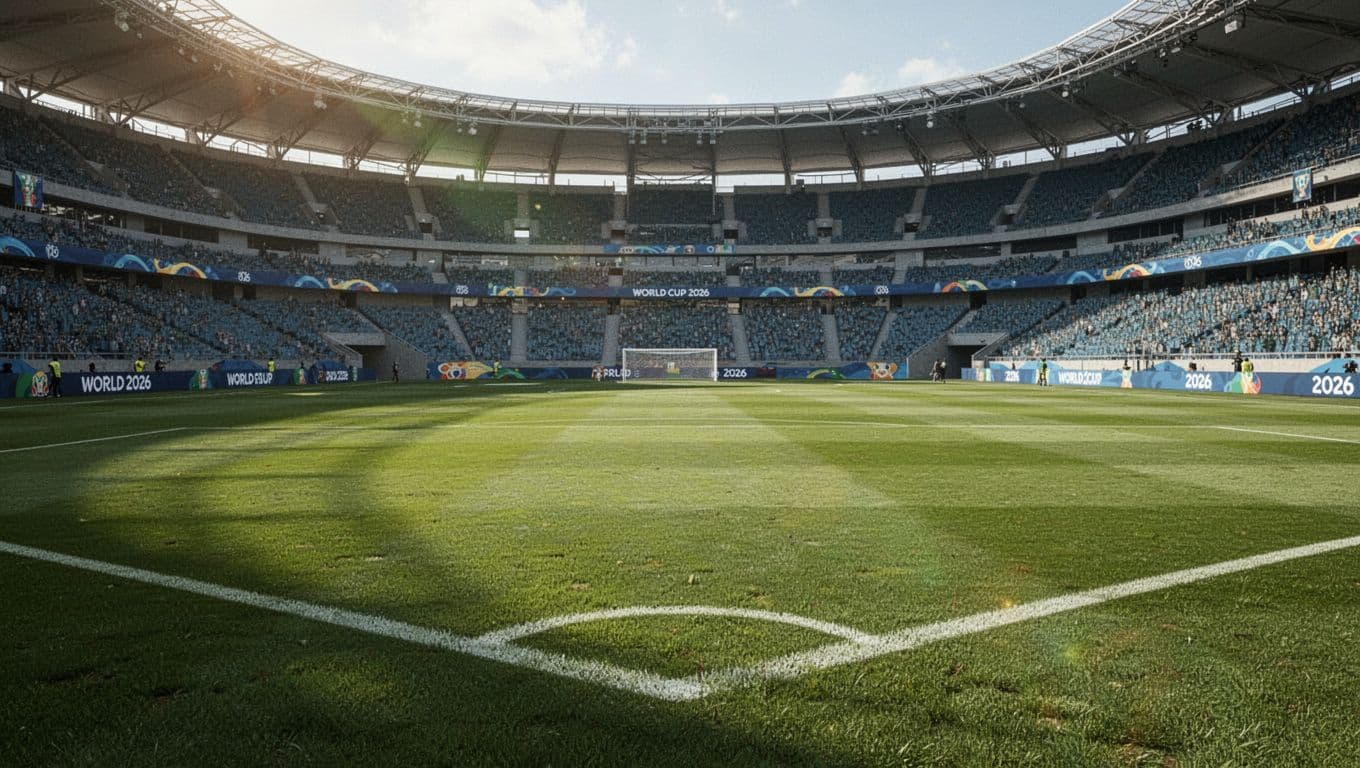The lush green grass of a professional stadium field sits empty under bright afternoon sunlight. Faint motion blur appears near the sidelines where athletes recently departed following a competitive tournament match.