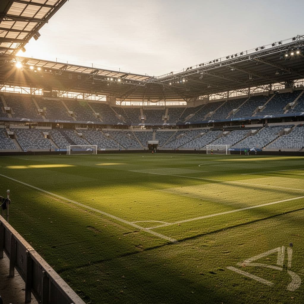 The lush green grass of a professional soccer field glows under the soft golden light of a setting sun. The surrounding spectator stands remain completely vacant in the quiet late afternoon.