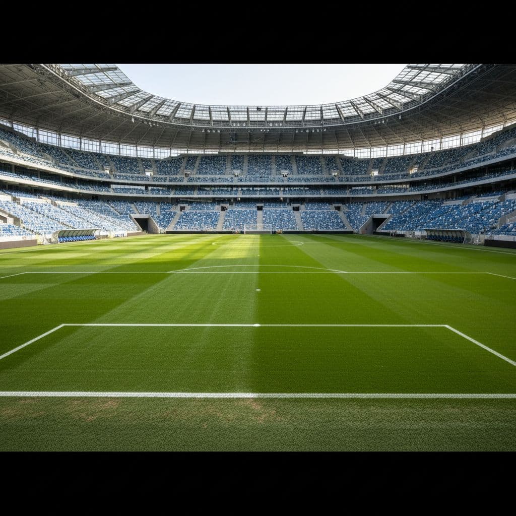 Green soccer field with clear lines in empty stadium, stands in background.