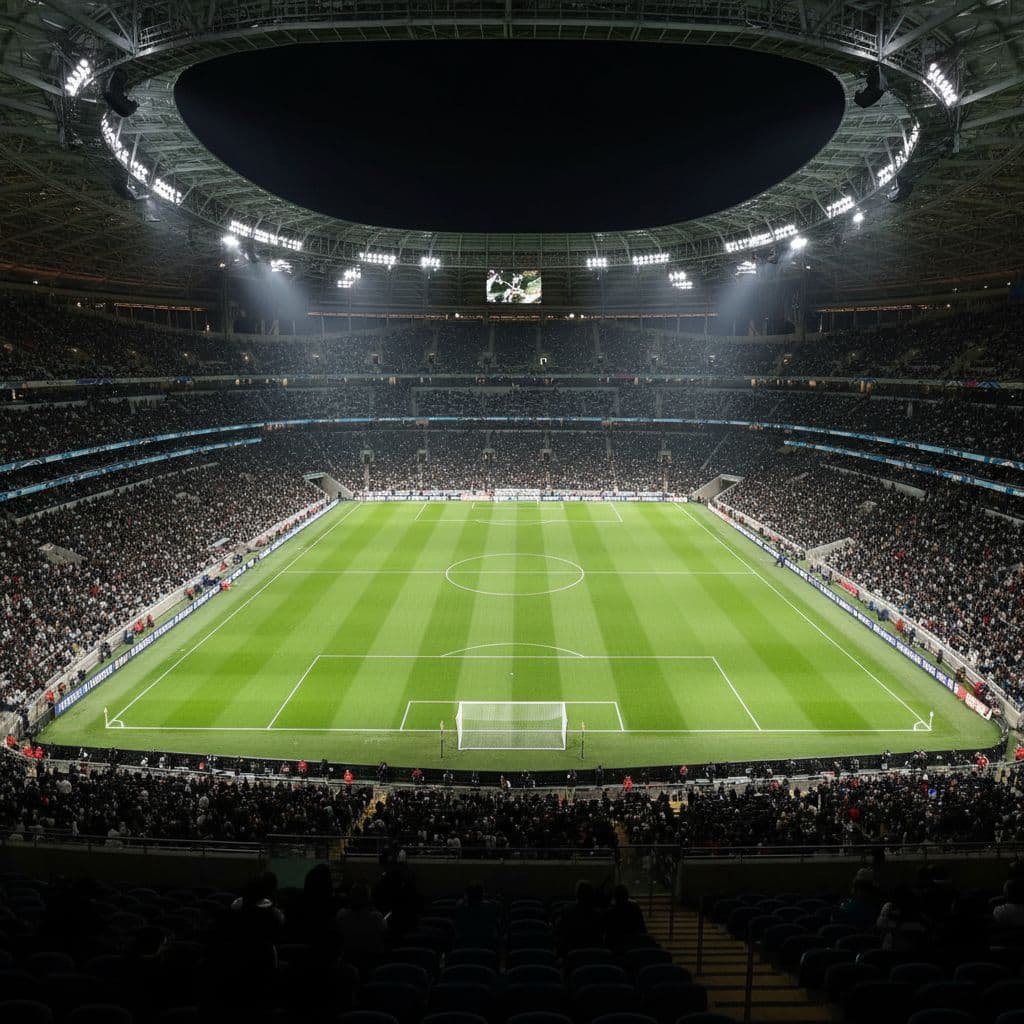 An illuminated professional soccer field seen from the stands under bright stadium lights.