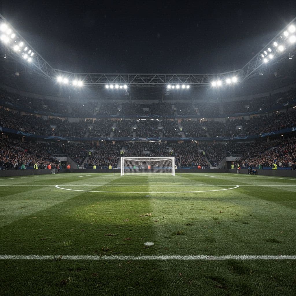An empty professional soccer stadium pitch features glowing floodlights and a clear view of the goalpost.