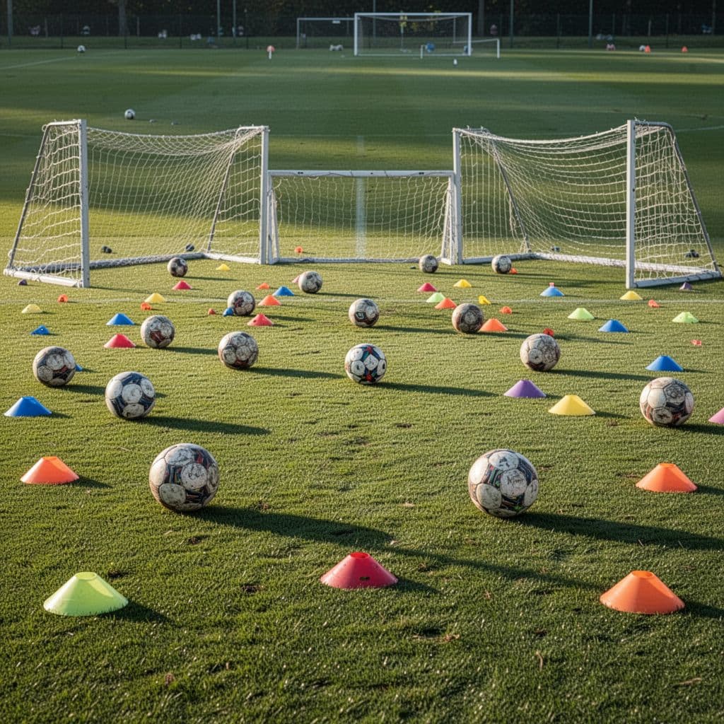 Grass soccer field with scattered training equipment during daylight.