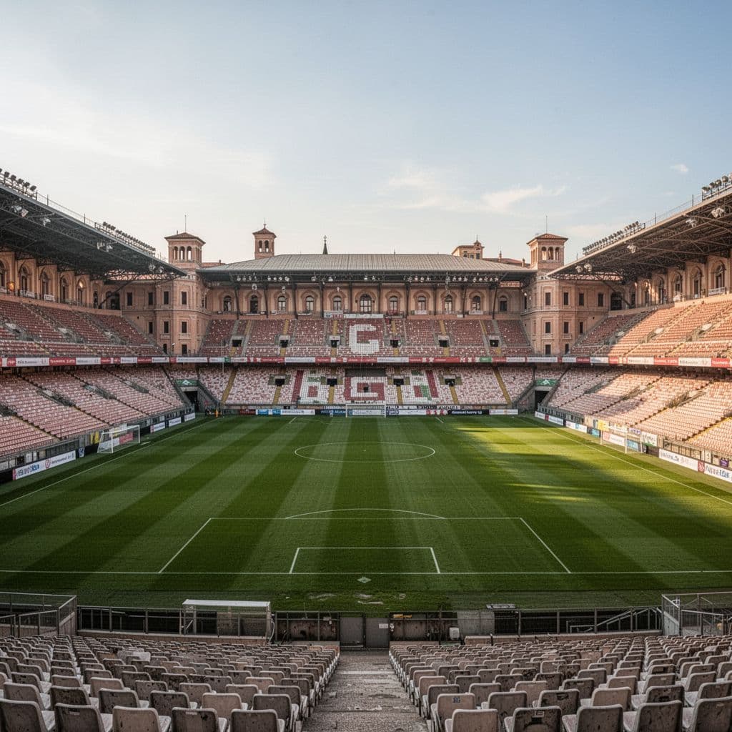 Wide view of empty Stadio Marcantonio Bentegodi in Verona on sunny afternoon with vibrant grass pitch.