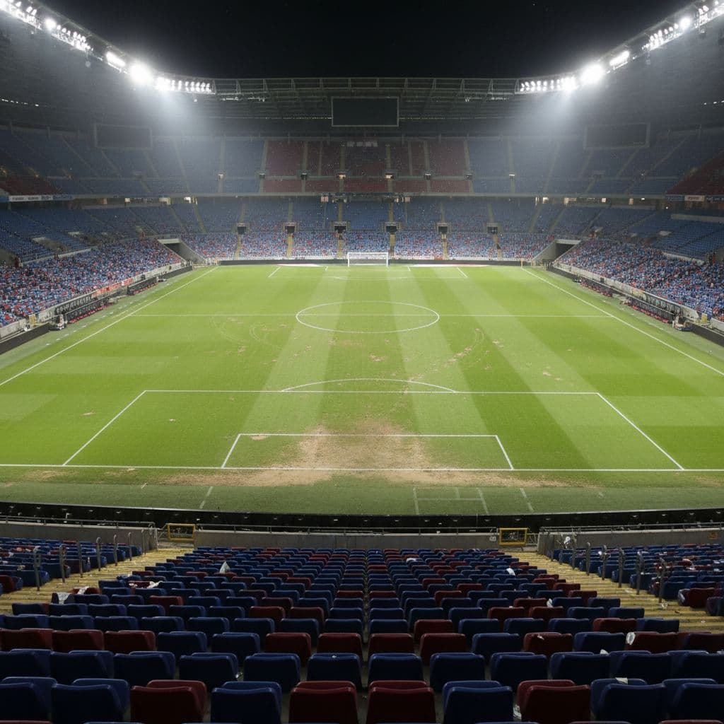 Bright stadium floodlights illuminate the vast, empty grass pitch after a professional match concludes. Patterns from player movements remain visible on the manicured turf, viewed from the quiet spectator stands.