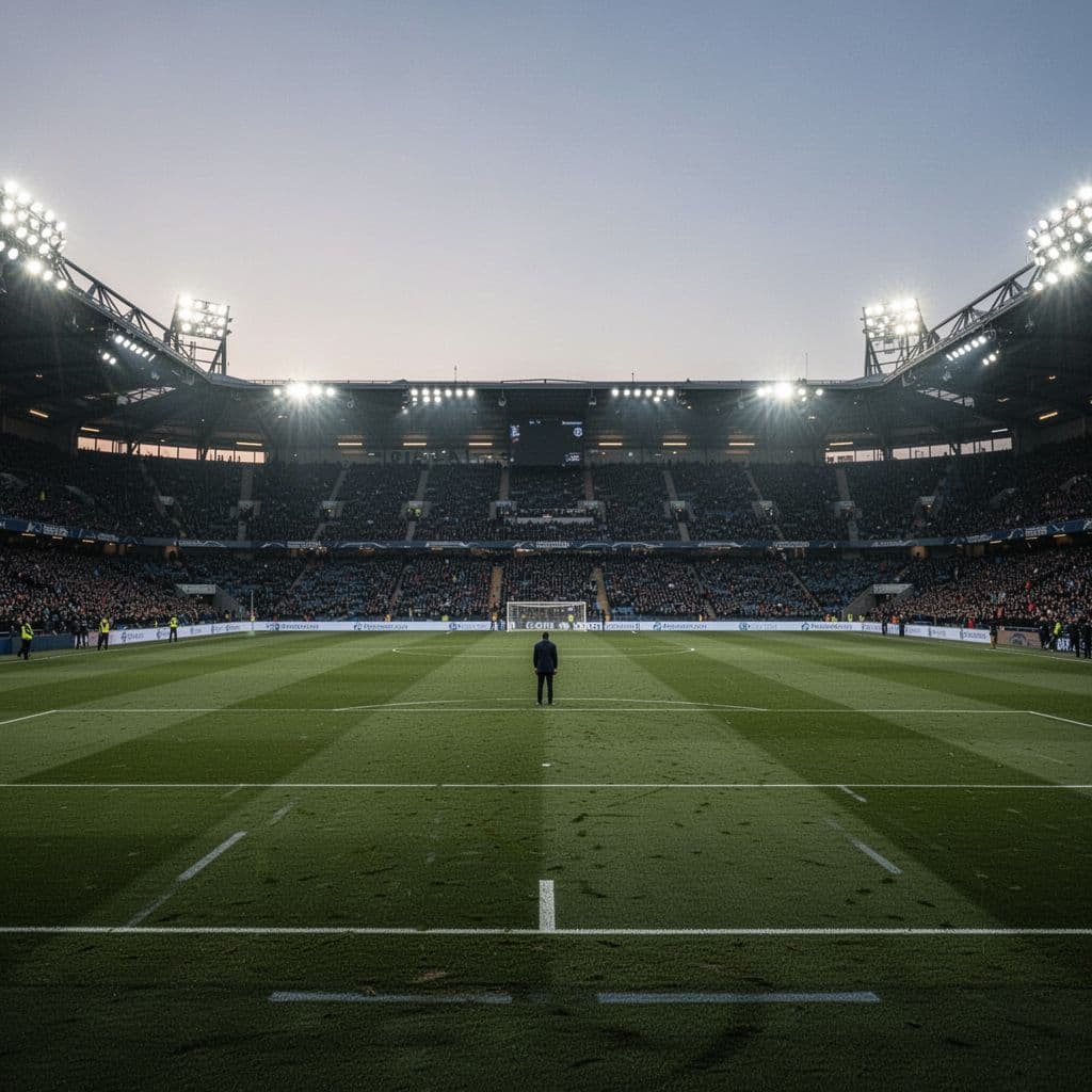 Bright floodlights cast a glow over the empty green pitch after a major match. A single silhouetted figure stands on the distant sideline beneath a clear, darkening evening sky.