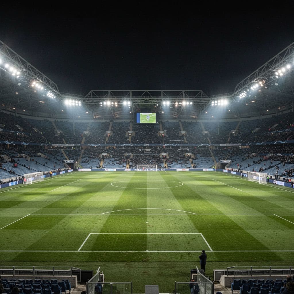 A wide angle view of an empty green grass field at night inside a massive stadium. Intense overhead floodlights illuminate the pitch, casting long shadows across the pristine turf surface.