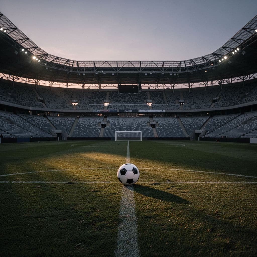 A solitary football rests on the center spot of an empty stadium pitch under dramatic dusk lighting.