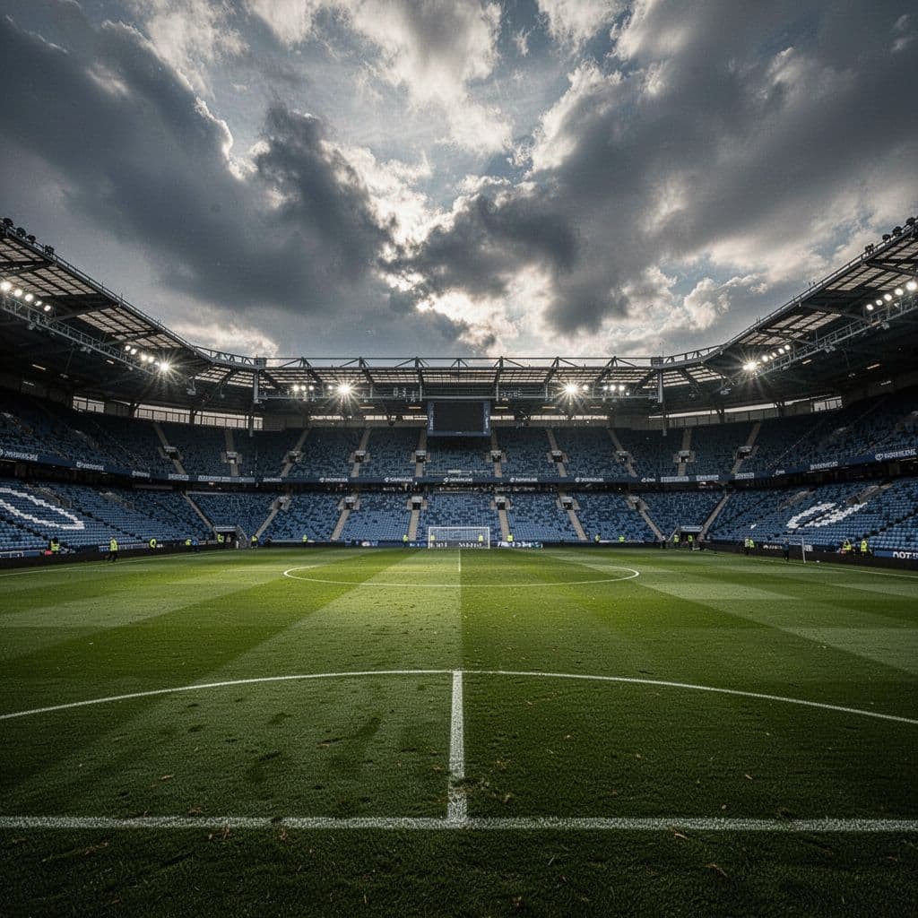 An empty stadium grass pitch sits under a backdrop of dramatic, dark clouds.