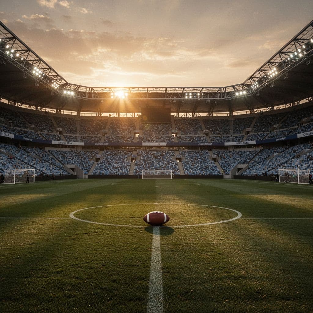 A single football sits in the center circle of a silent stadium during a dramatic sunset.