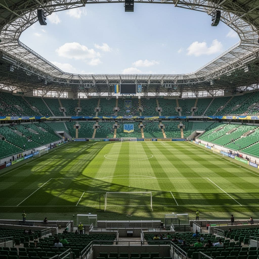 A wide angle view of an empty, lush green football pitch under clear daylight.