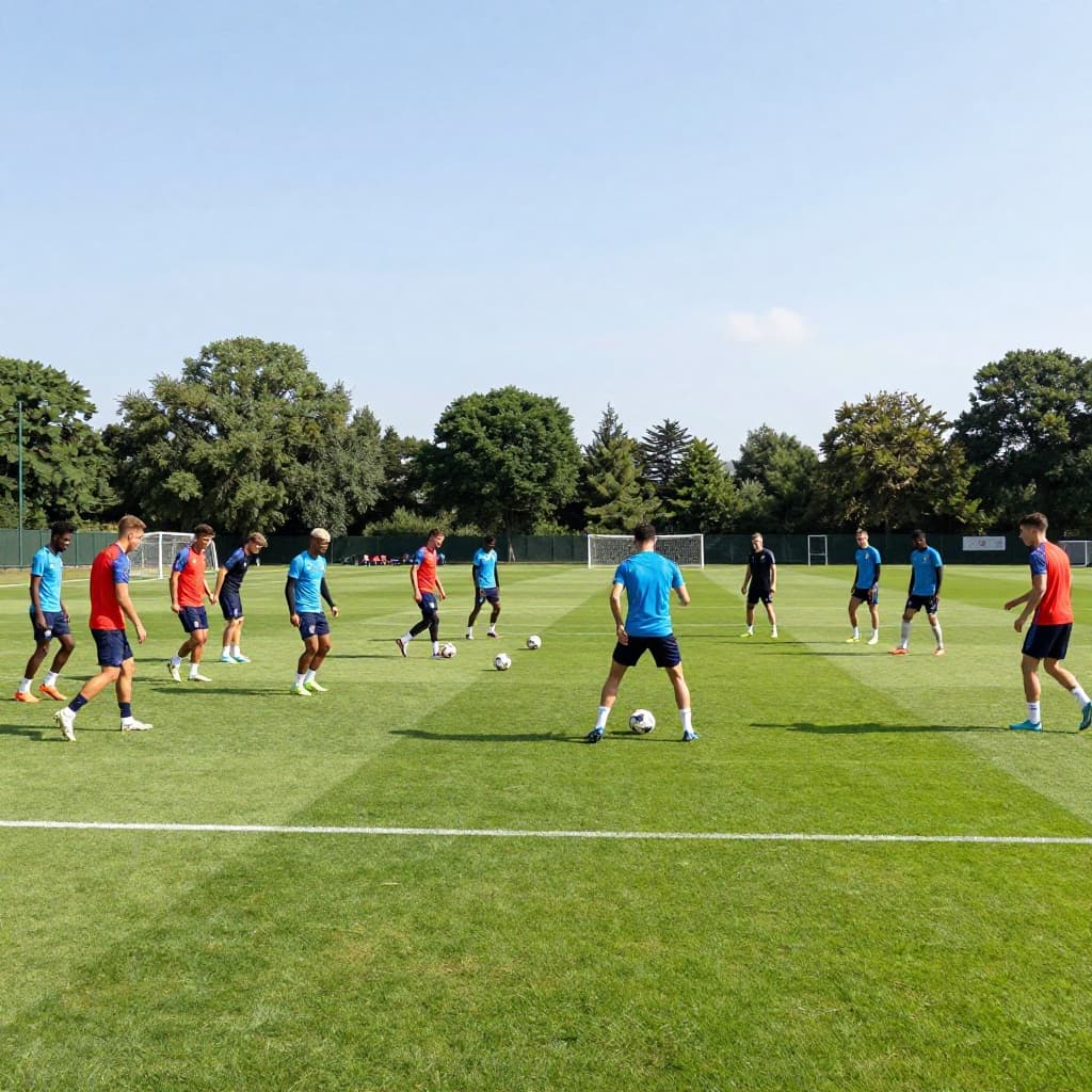 Athletes in matching training gear perform drills across a vast, manicured green pitch under bright sunlight. The wide angle captures the squad's coordinated movement and structural discipline during an intense field session.
