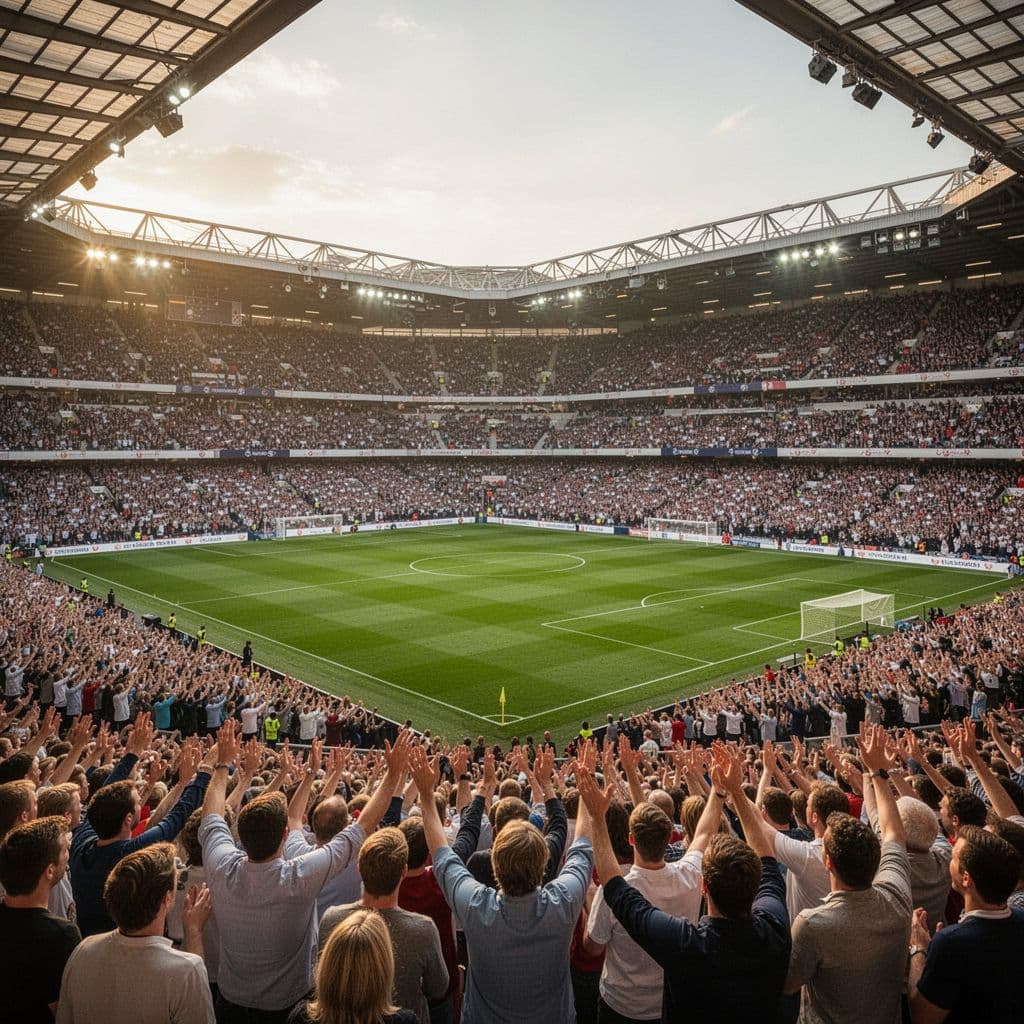 A sprawling football stadium packed with cheering fans under a warm golden afternoon sun. The lush, vibrant green pitch sits in the center as spectators fill the grandstands in anticipation.