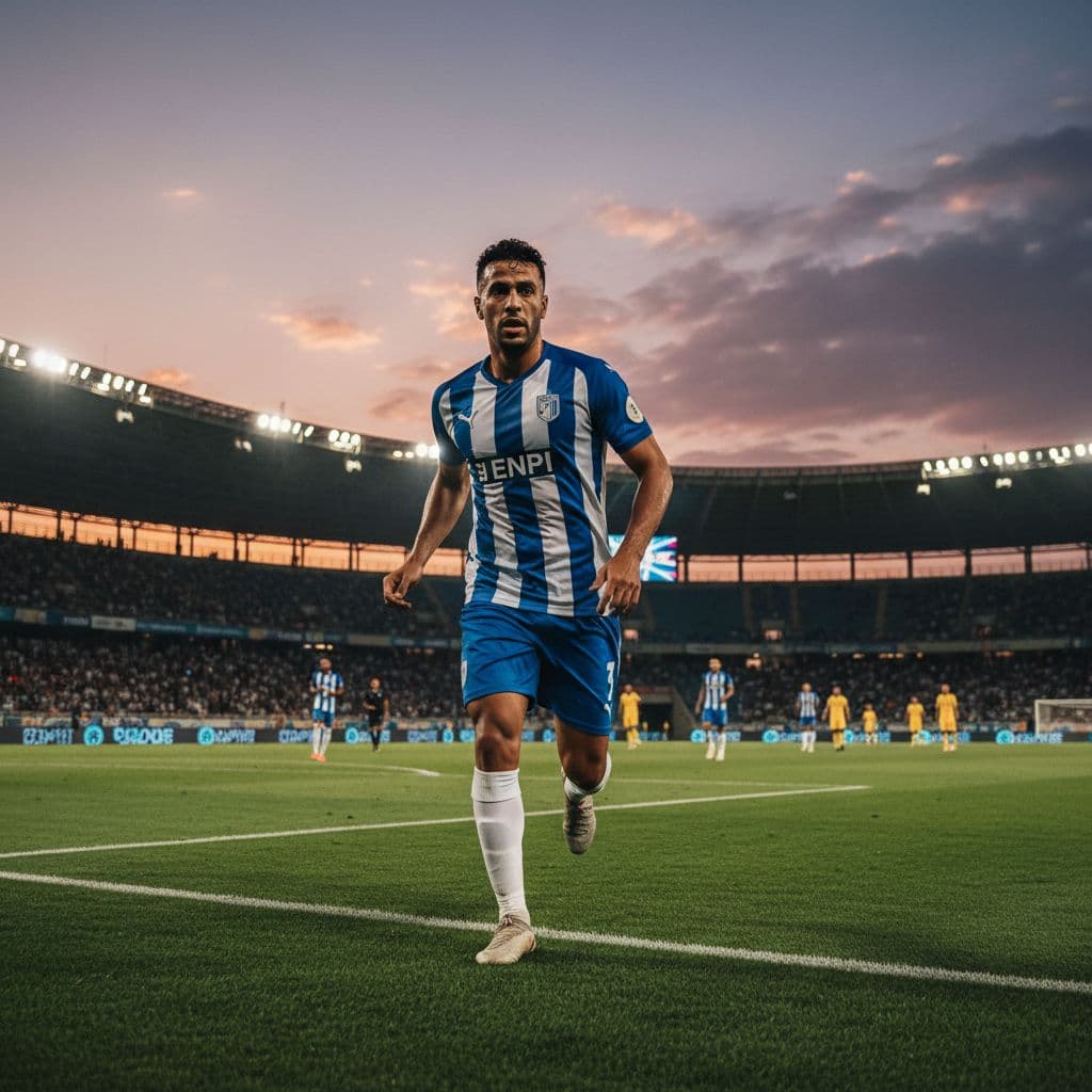 Focused ENPPI player in blue and white jersey runs on green grass during late afternoon stadium match with lights on.