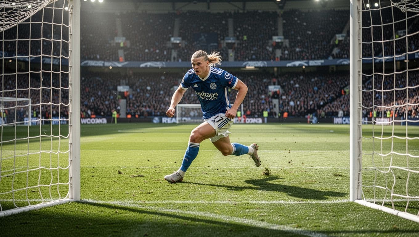 Erling Haaland sprints across the grass inside the penalty box looking for a scoring opportunity.