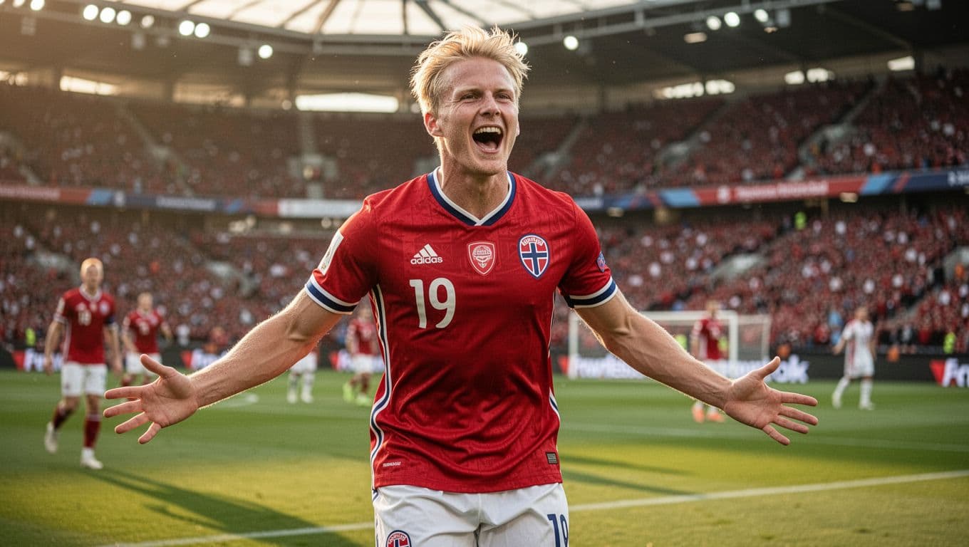 Pemain berambut pirang mengenakan seragam tim nasional Norwegia merah bersorak penuh semangat di lapangan hijau. Stadion modern yang megah menjadi latar belakang aksi dinamis sang pemain di sore hari.