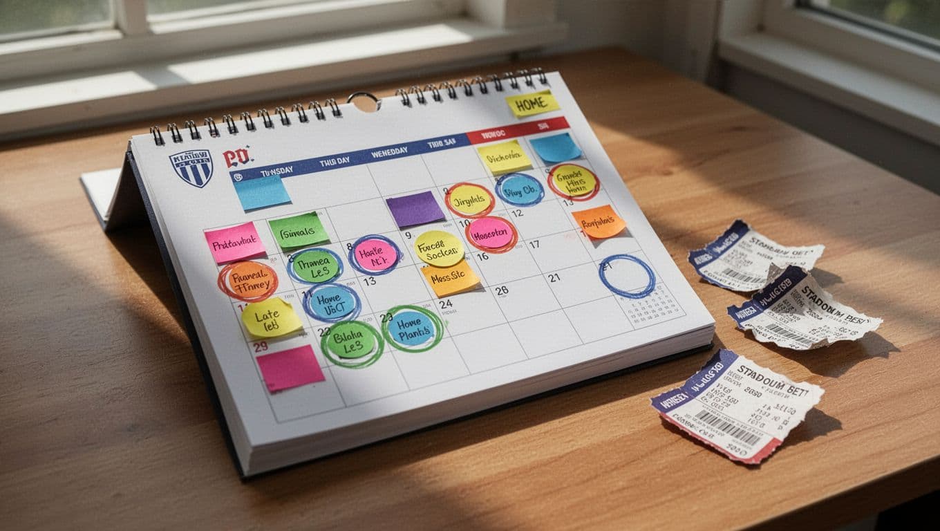 Open soccer calendar on wooden desk marks ES Agboville matches against strong opponents, home games highlighted, ticket stubs nearby.