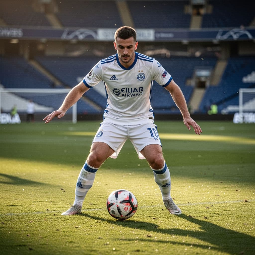 Soccer player in white-blue uniform intercepts ball on sunlit stadium grass field.