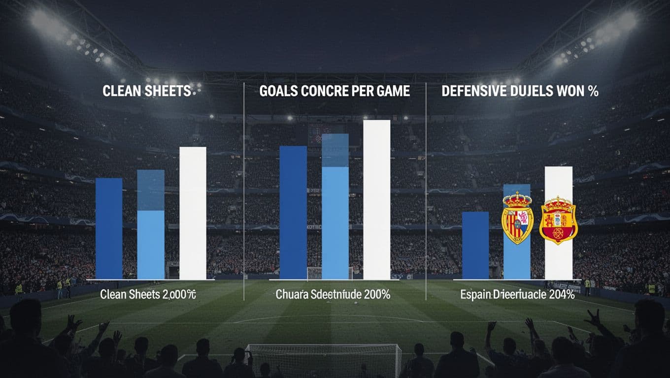 Blue and white bar chart of Espanyol's clean sheets, goals conceded per game, and defensive duels won percentage on dark stadium background.
