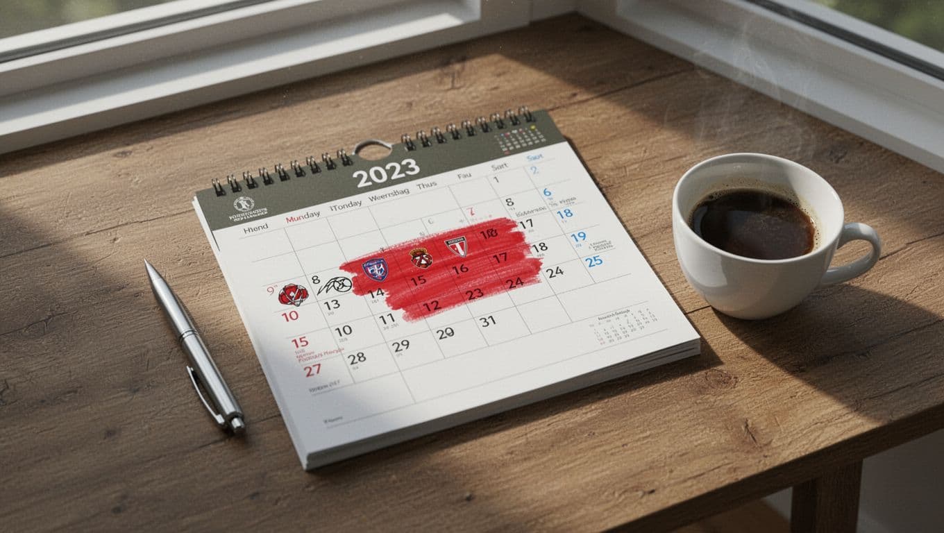 Close-up top view of Espanyol La Liga 2026 schedule calendar on wooden table with pen and coffee cup, nearest match highlighted red.