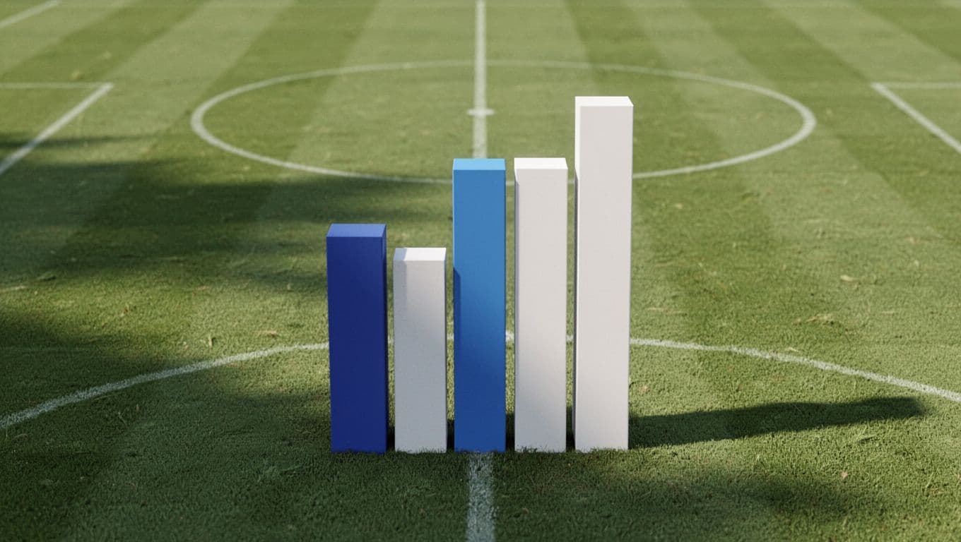 Blue and white bar chart showing goals scored, shots per game, and shot conversion rate on subtle green soccer field background.
