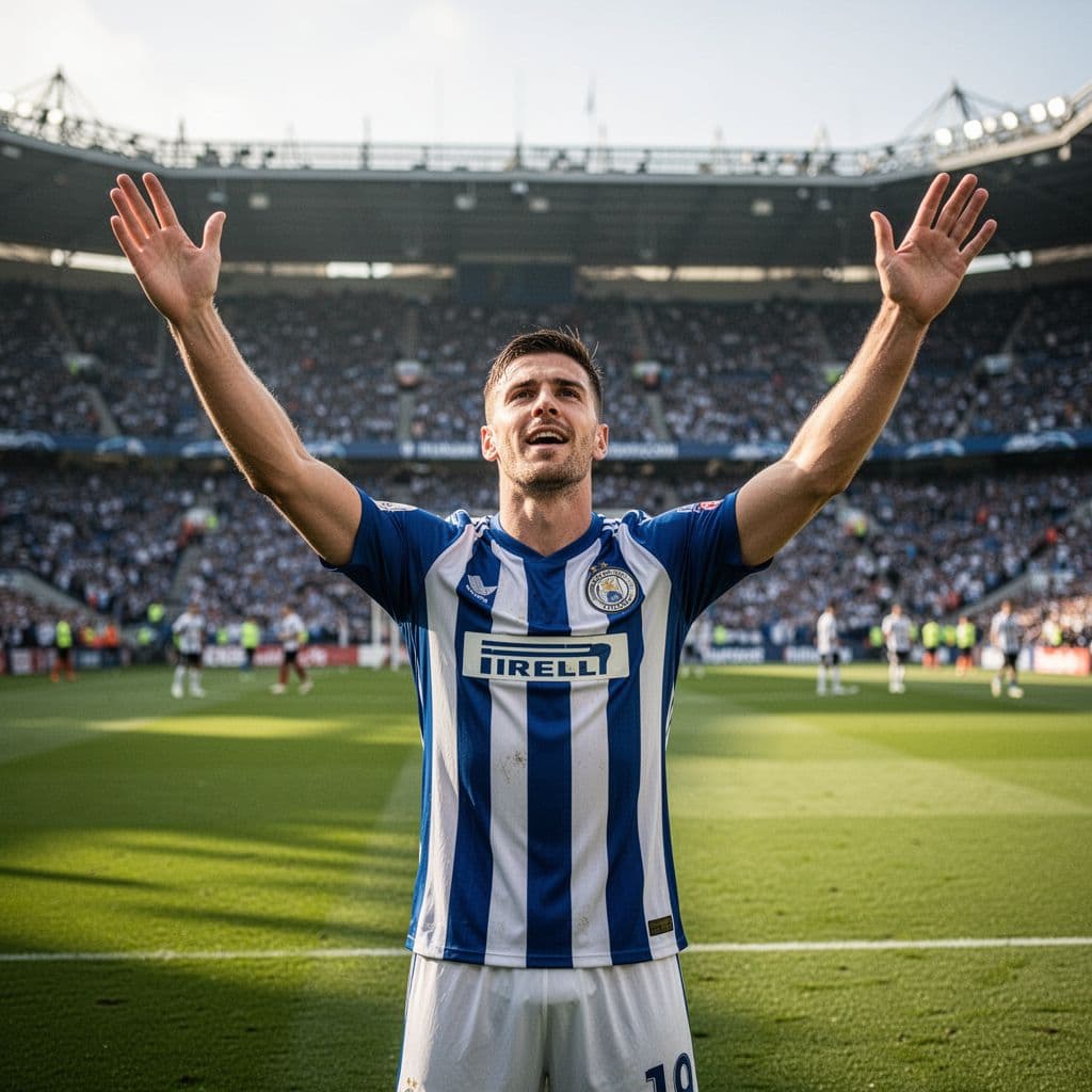 Player in blue-white stripes celebrates goal in sunny stadium with blurred pitch and distant spectators.