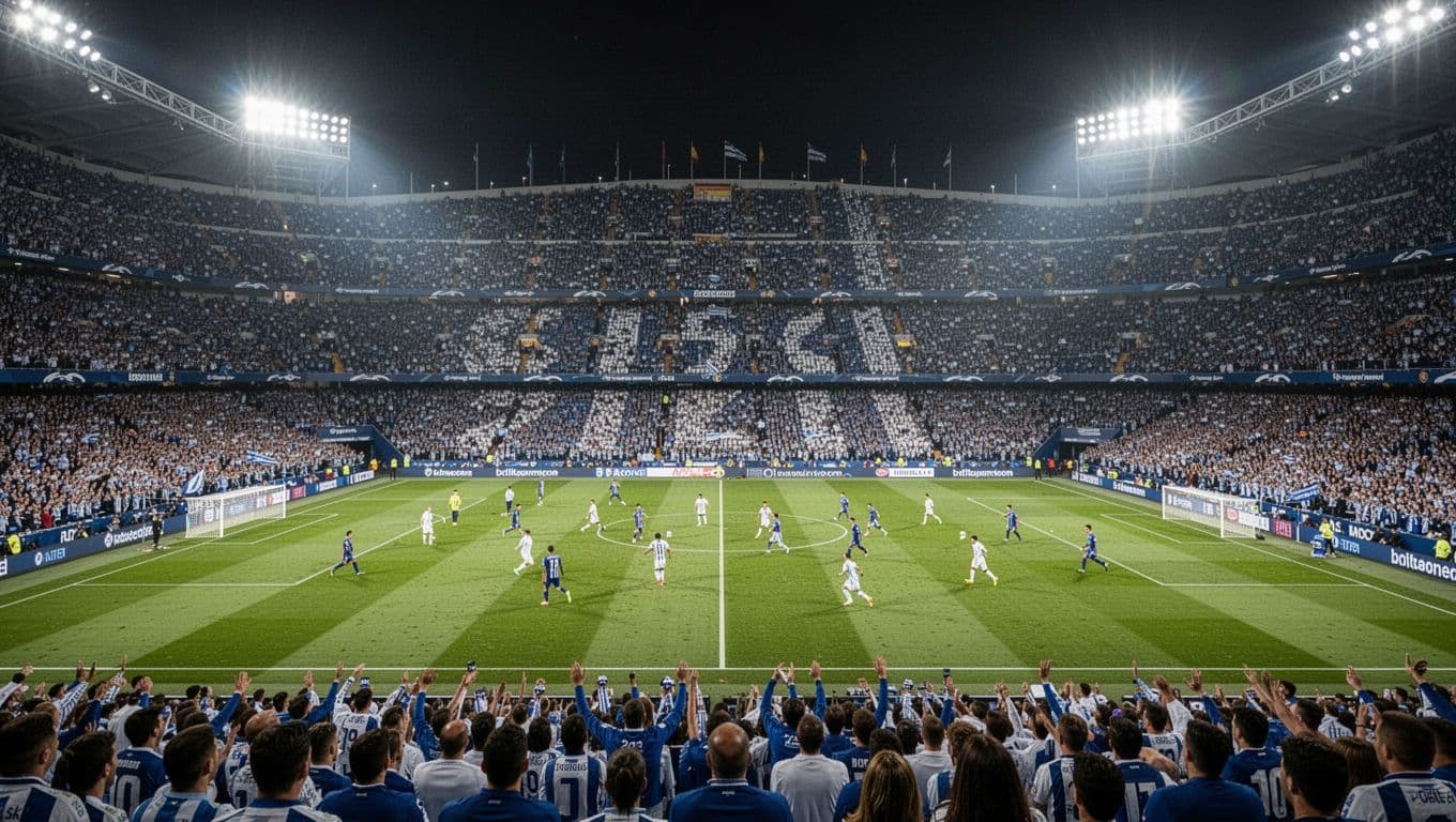 RCDE Stadium at night packed with blue-white fans, field shows active football match.