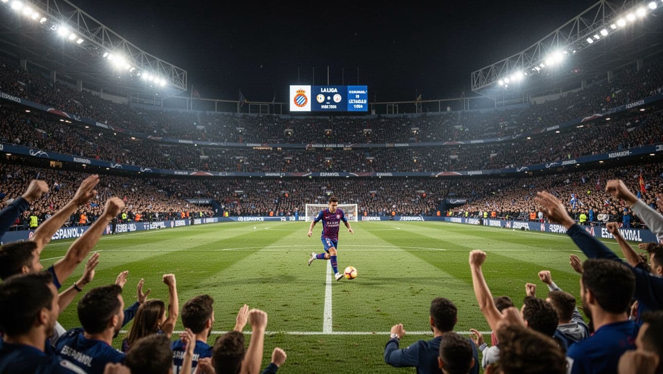 Espanyol stadium at night packed with cheering fans, mid-table La Liga scoreboard, field action in focus under spotlights.