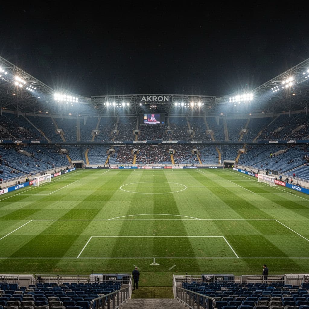 Wide shot of empty Estadio Akron soccer stadium at night, lights illuminating green pitch.