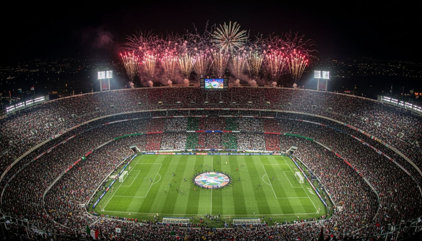 Wide aerial view of Estadio Azteca in Mexico City at night, packed with cheering soccer fans waving flags amid vibrant stadium lights and fireworks during the World Cup opening match.