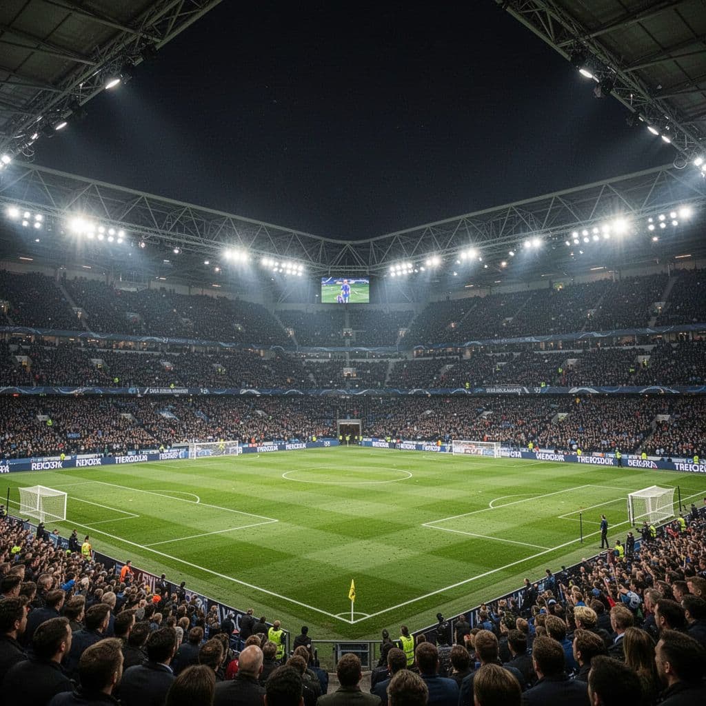 Brightly lit football pitch at Estadio de la Ceramica filled with fans during a night match.