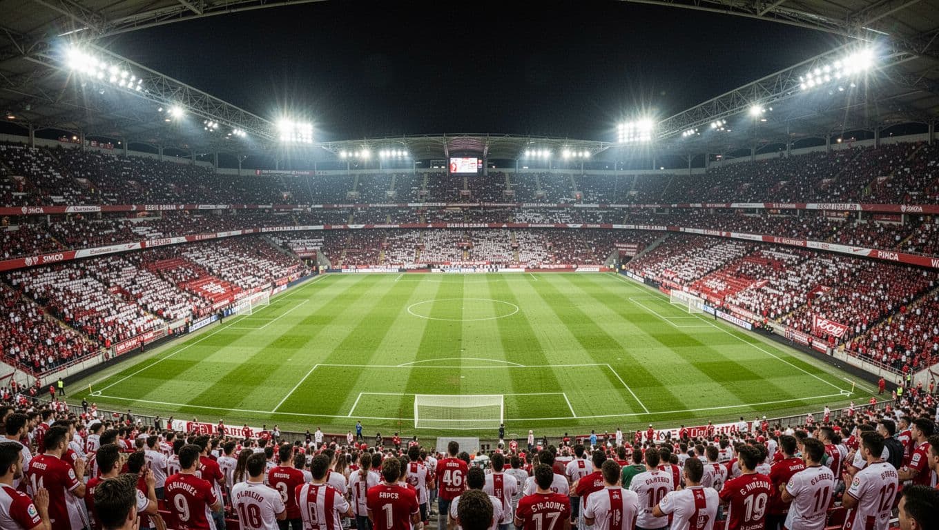 High-angle view inside Estadio El Sadar at night shows fans in red and white jerseys filling stands, empty green pitch under bright lights.