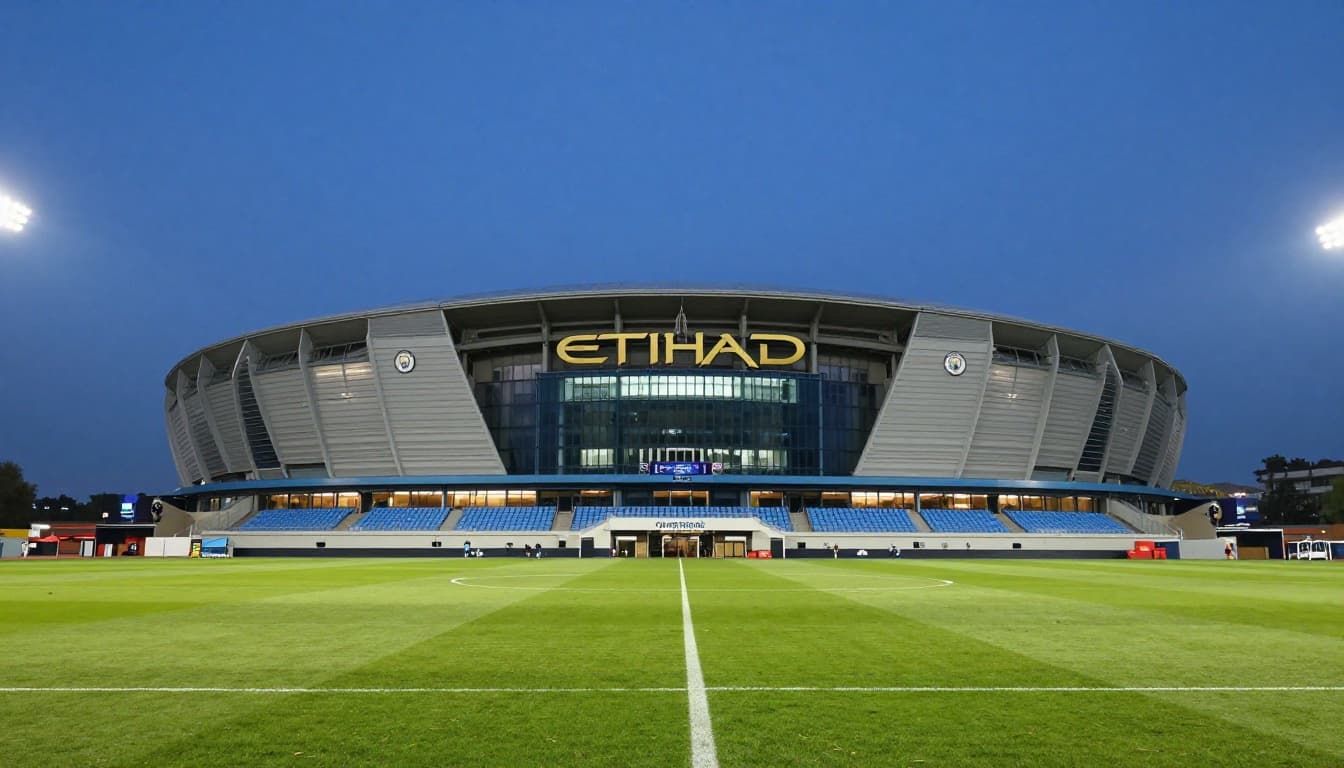 Etihad Stadium main entrance at evening with floodlights turning on under clear sky.
