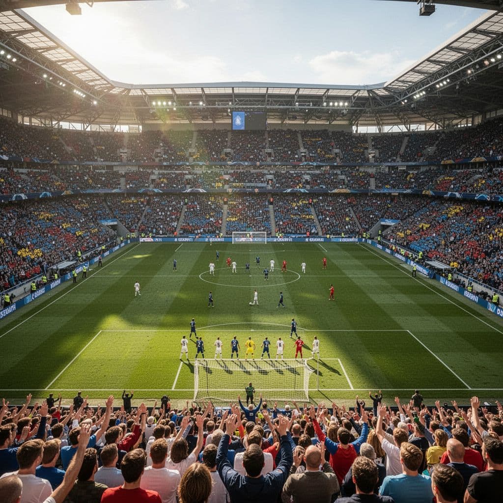 High-angle view of green pitch and packed stands in Etihad Stadium under bright afternoon sun.
