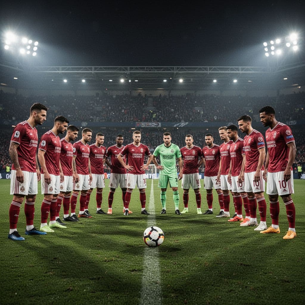 Two football teams stand on a floodlit pitch facing each other before a match.