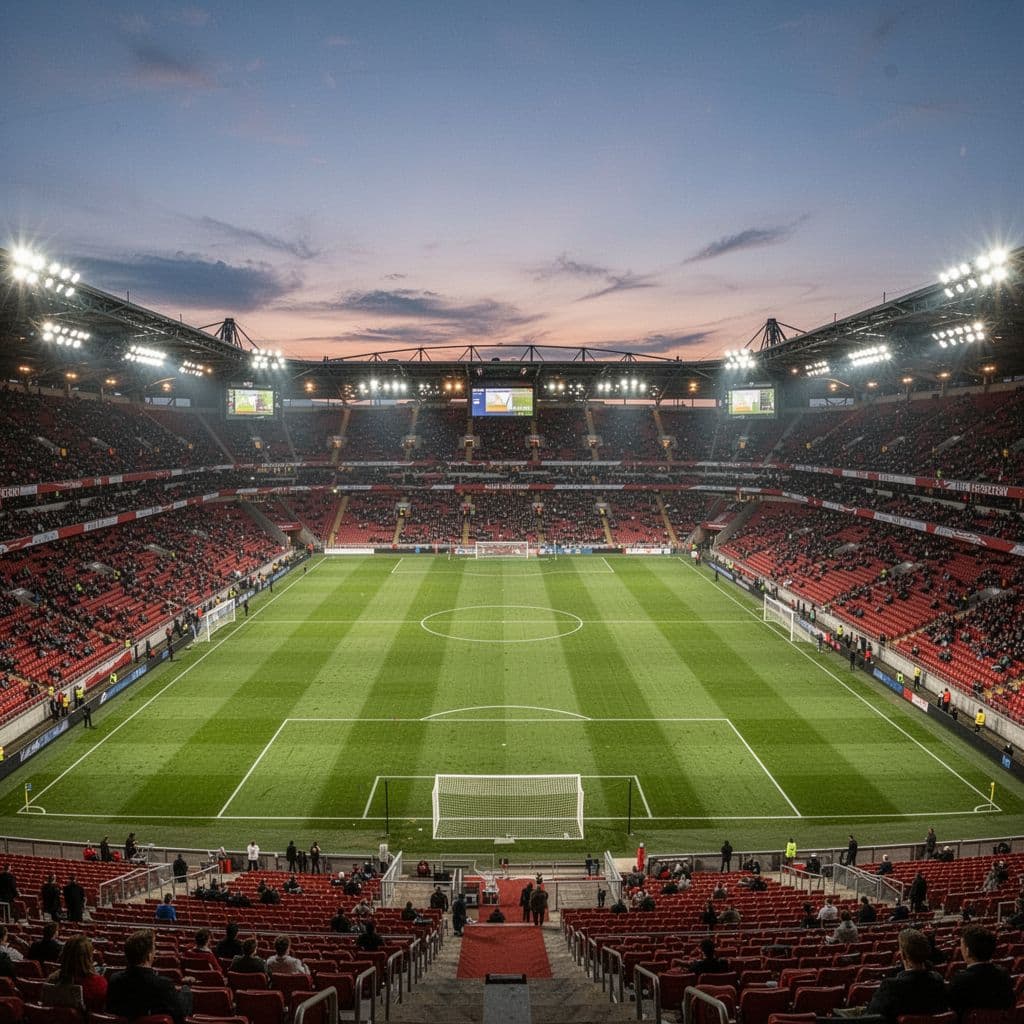 An aerial view of an empty green football pitch inside a stadium illuminated by floodlights at dusk.