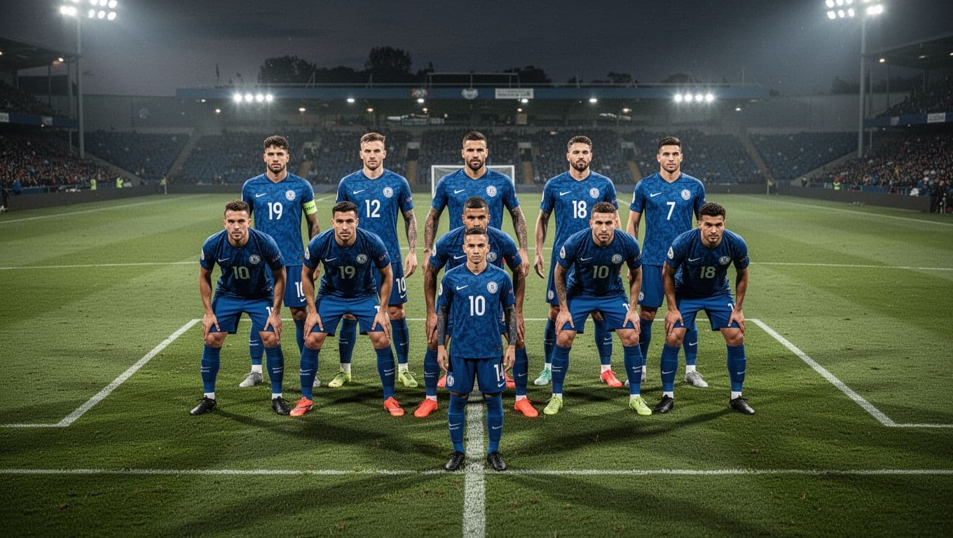 Eleven Everton players in blue jerseys form compact 5-4-1 defense on green Premier League pitch under evening floodlights.