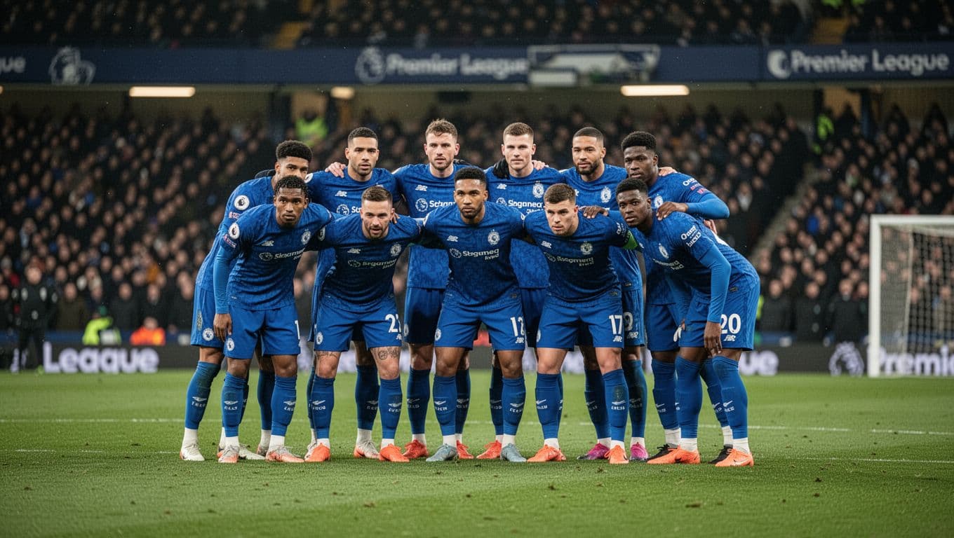 Eleven Everton players in blue jerseys form a compact defensive block against opponents on green Premier League pitch.