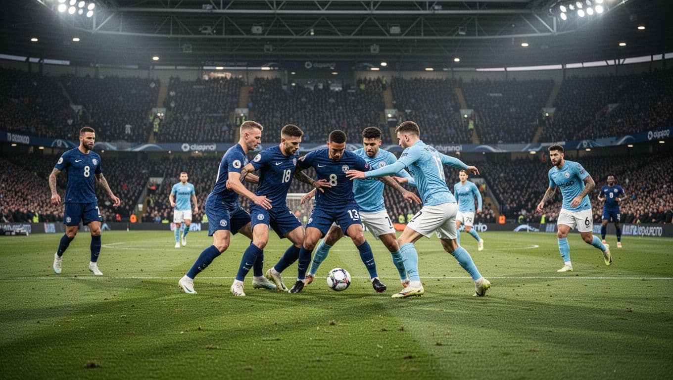 Everton in blue jerseys press high in midfield against Manchester City on green pitch under stadium floodlights.