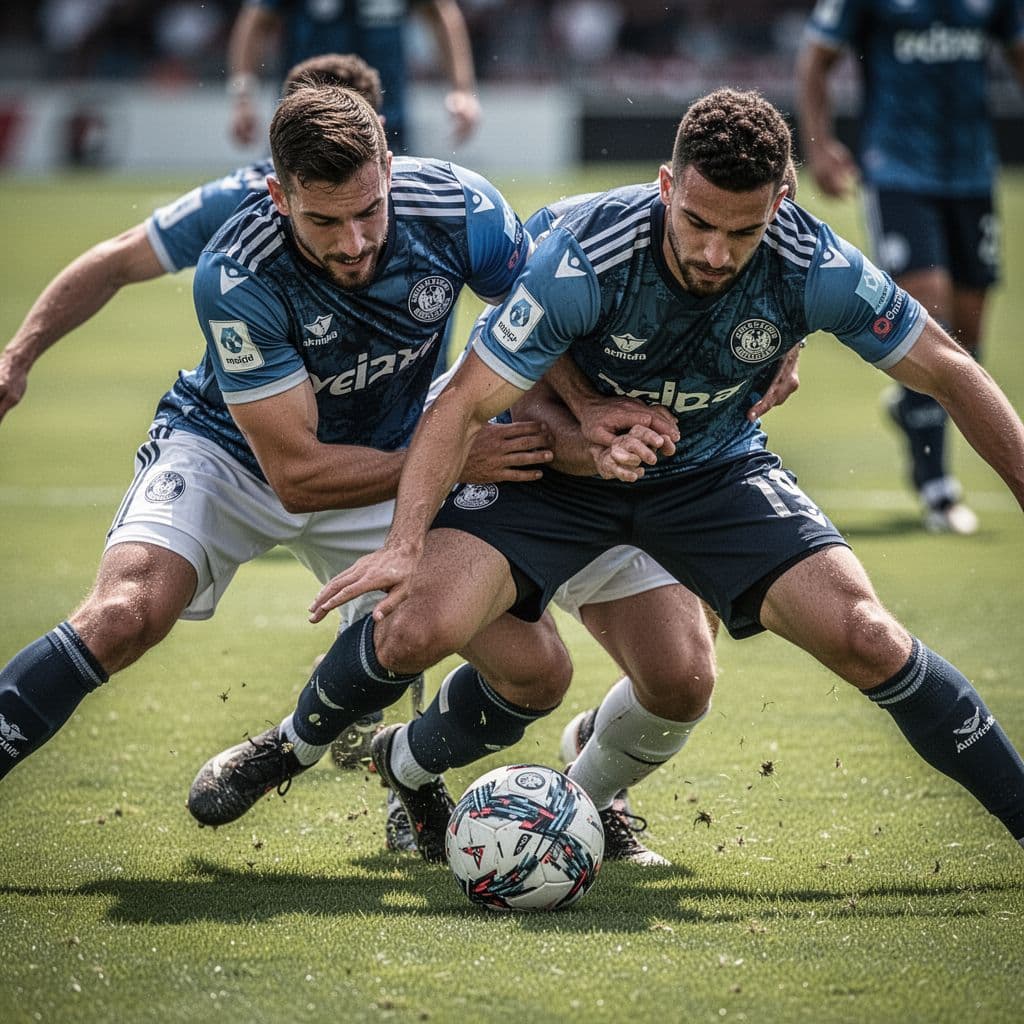 Two players in rival jerseys clash for the ball on a grass pitch.