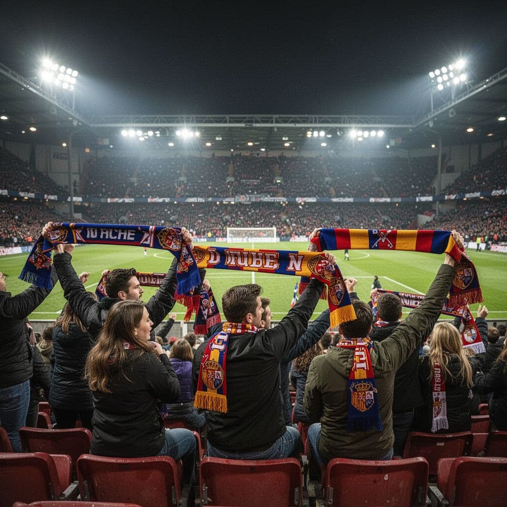 A group of focused soccer fans hold club scarves while waiting in a bright stadium at night.