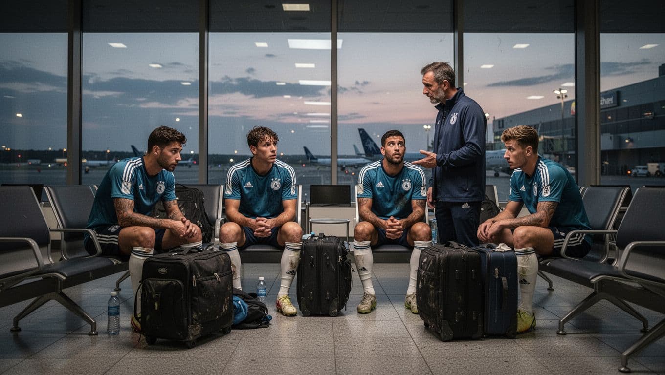 Four exhausted Red Bull Bragantino players sit with bags in airport lounge as coach talks in dim evening light.