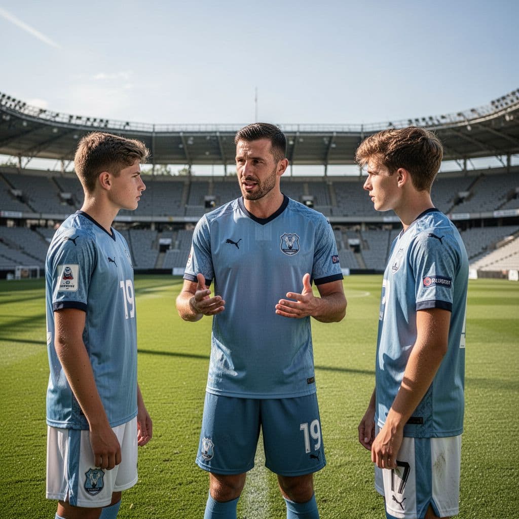 An experienced football player mentors two younger athletes during a sunny outdoor training session.