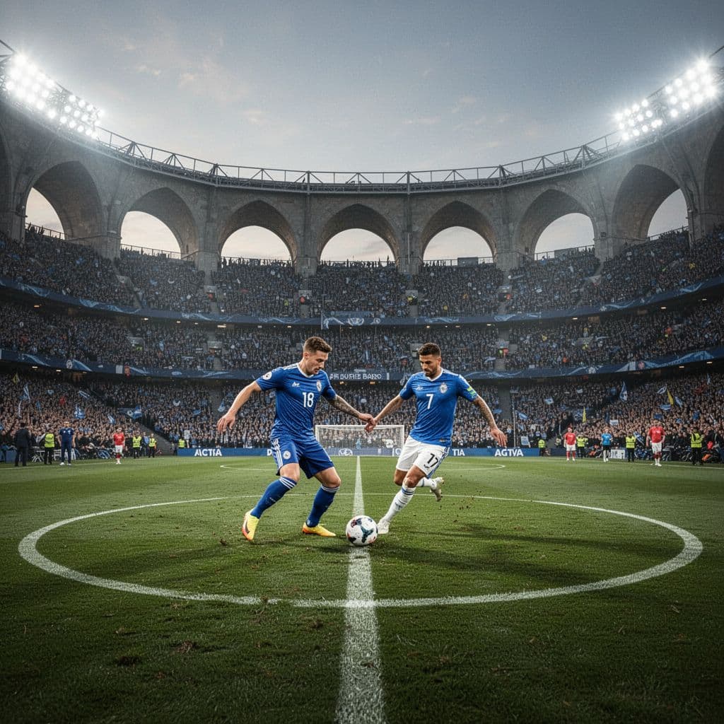 Two players in blue and sky blue jerseys contest the ball near center circle with wide Wembley Stadium view behind.