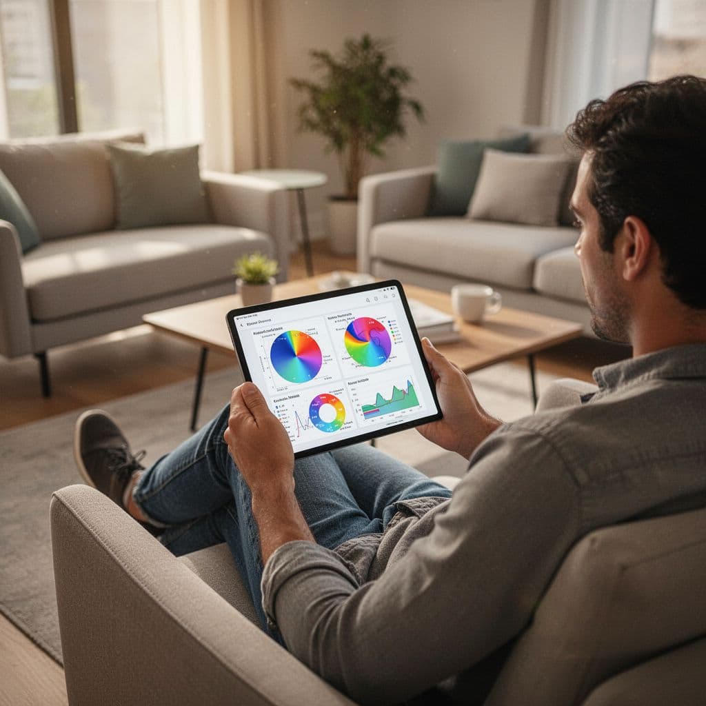 A person sits in a modern living room reviewing abstract football graphs on a digital tablet.