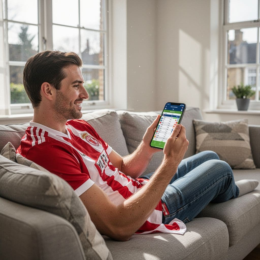 A man sits in a bright living room using his smartphone to view football match updates.